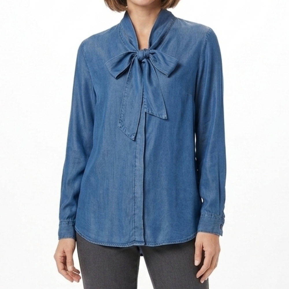 Cato 100% Tencel Blue Chambray Tie Neck Bow Blouse Shirt Small